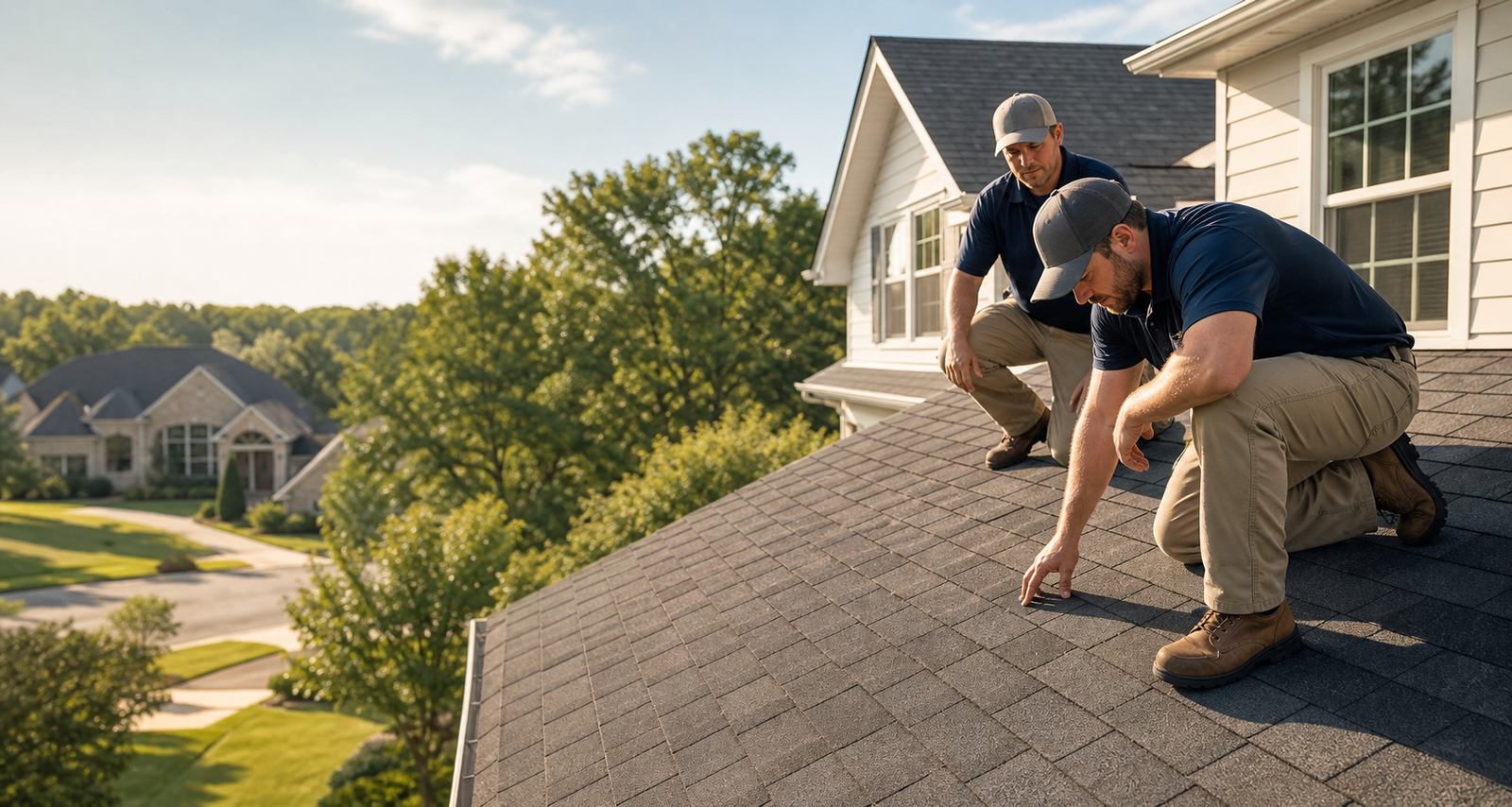 Roofing crew inspecting a shingle roof