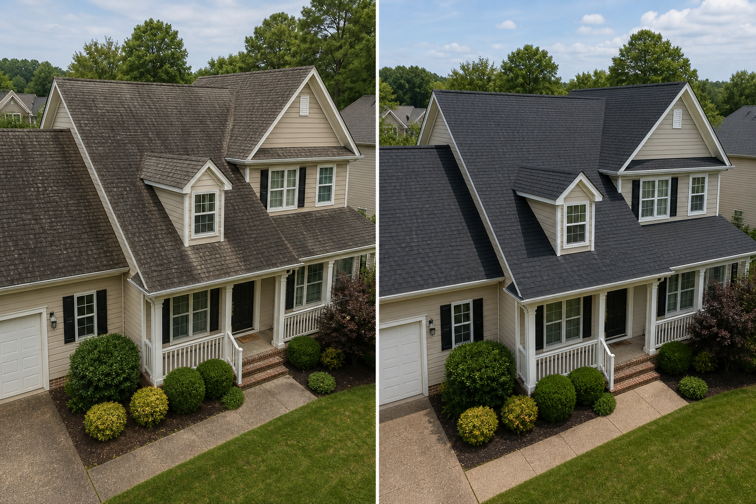 Before and after photo of a full roof replacement