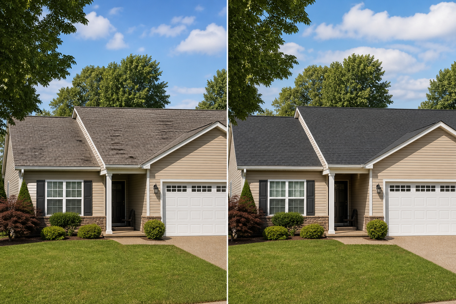 Before and after comparison of a residential roof replacement