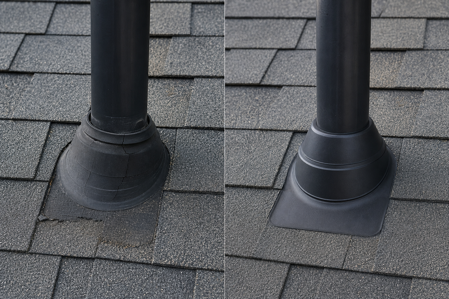 Before and after close-up photo of a repaired pipe boot on a roof
