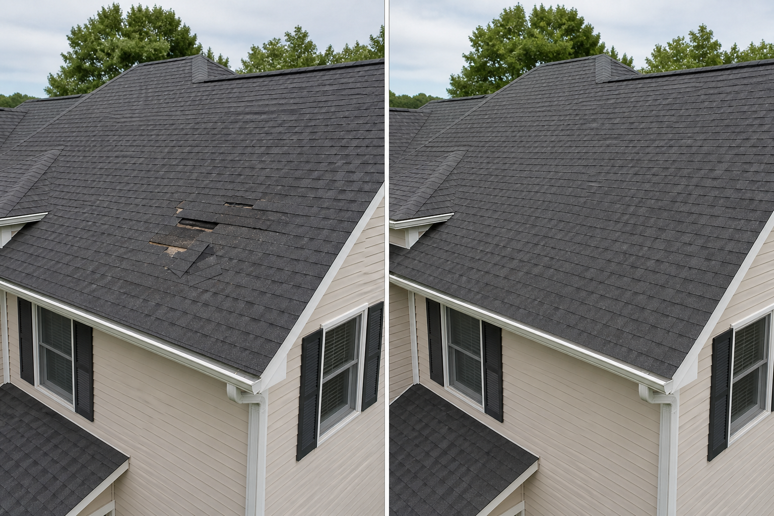 Before and after photo of an isolated storm-damaged roof section repair